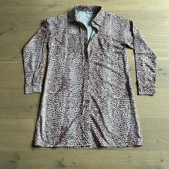 Cheetah Print Button Down Mini Shirt Dress Collared Long Sleeve Brown Small - Picture 2 of 8